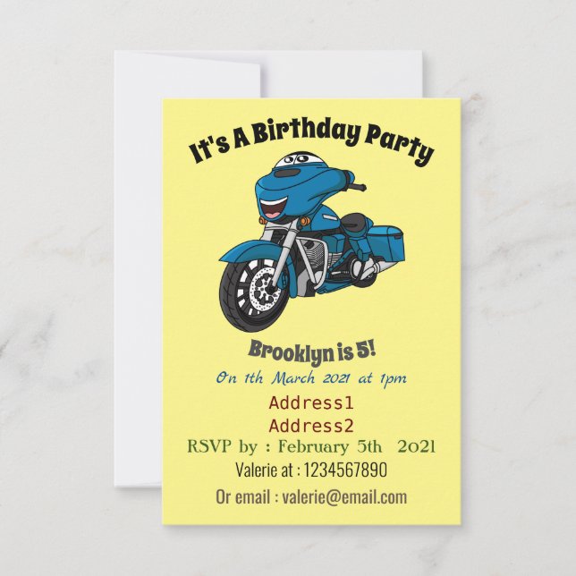 Cute happy blue motorcycle cartoon invitation (Front)