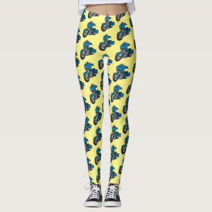 Cute happy blue motorcycle cartoon leggings