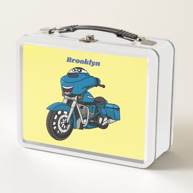 Cute happy blue motorcycle cartoon metal lunch box (Front)