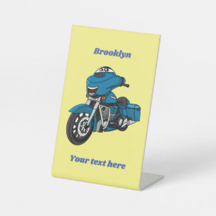 Cute happy blue motorcycle cartoon pedestal sign