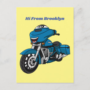 Cute happy blue motorcycle cartoon postcard