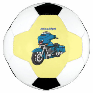 Cute happy blue motorcycle cartoon soccer ball