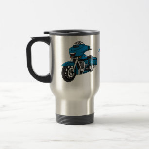 Cute happy blue motorcycle cartoon travel mug
