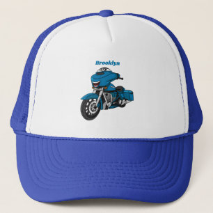 Cute happy blue motorcycle cartoon trucker hat