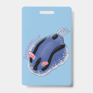 Cute happy blue nudibranch cartoon illustration badge