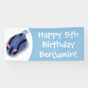 Cute happy blue nudibranch cartoon illustration banner