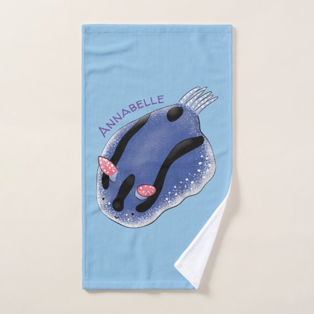 Cute happy blue nudibranch cartoon illustration bath towel set (Hand Towel)
