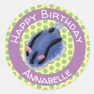 Cute happy blue nudibranch cartoon illustration classic round sticker