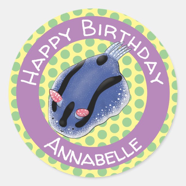 Cute happy blue nudibranch cartoon illustration classic round sticker (Front)