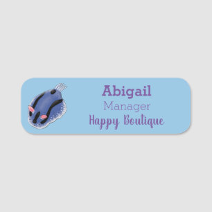 Cute happy blue nudibranch cartoon illustration name tag