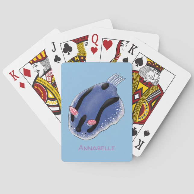 Cute happy blue nudibranch cartoon illustration playing cards (Back)
