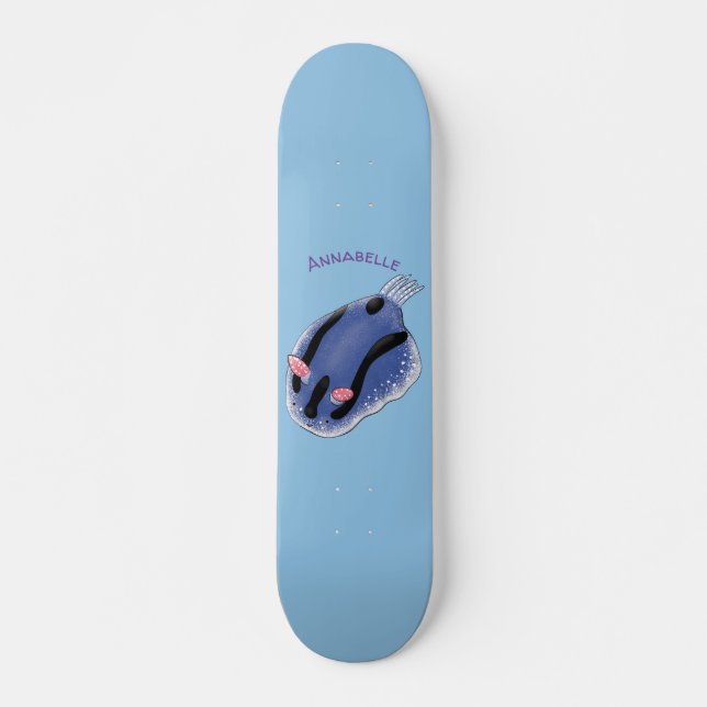Cute happy blue nudibranch cartoon illustration skateboard (Front)