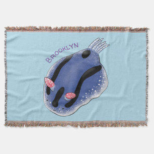 Cute happy blue nudibranch cartoon illustration throw blanket