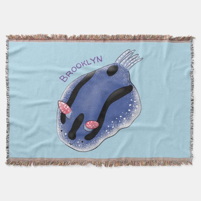 Cute happy blue nudibranch cartoon illustration throw blanket (Front)