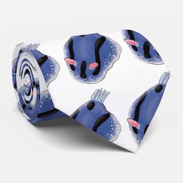 Cute happy blue nudibranch cartoon illustration tie (Rolled)