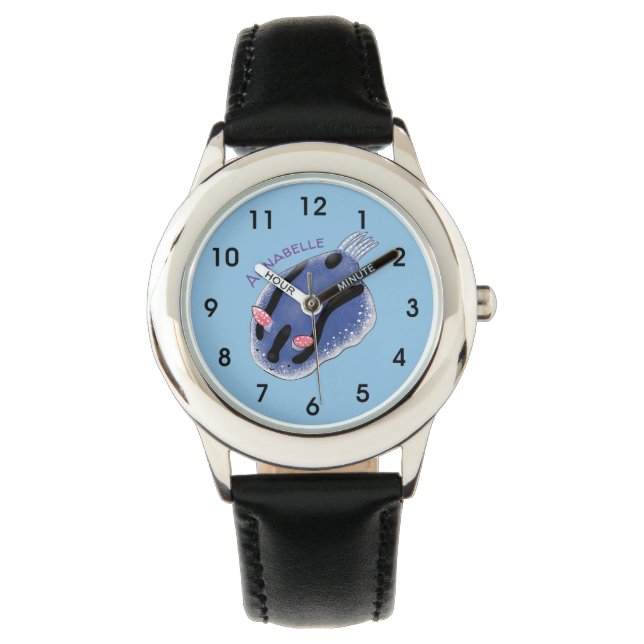Cute happy blue nudibranch cartoon illustration watch (Front)