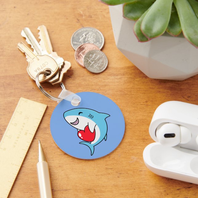 Cute Happy Blue Shark Holding a Red Heart Keychain (Desk)