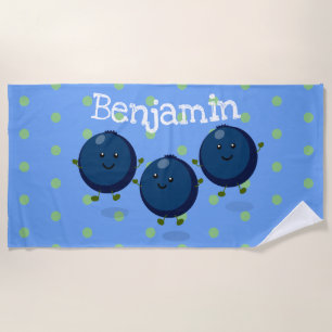 Cute happy blueberries cartoon illustration beach towel