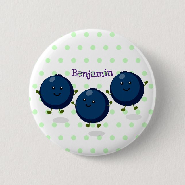 Cute happy blueberries purple cartoon illustration 2 inch round button (Front)