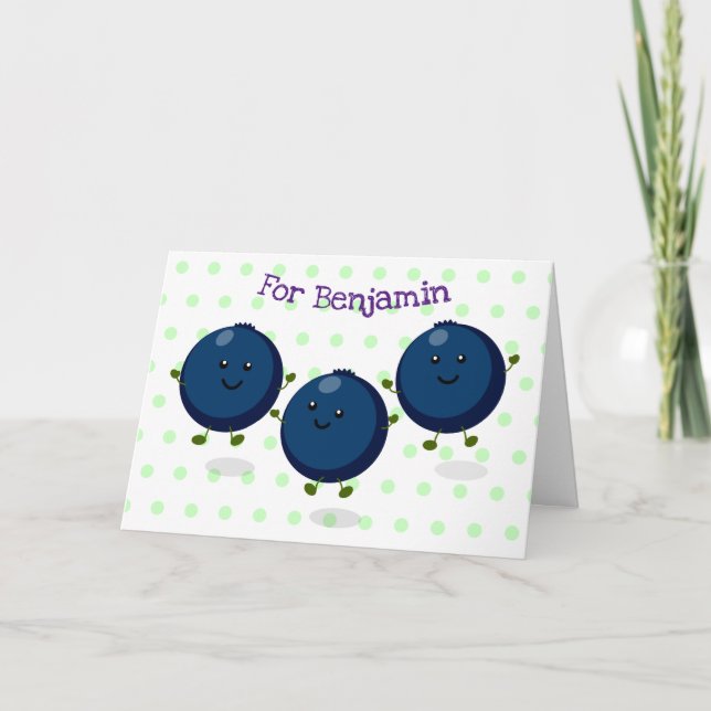 Cute happy blueberries purple cartoon illustration card (Front)