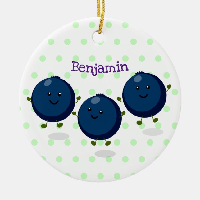 Cute happy blueberries purple cartoon illustration ceramic ornament (Front)