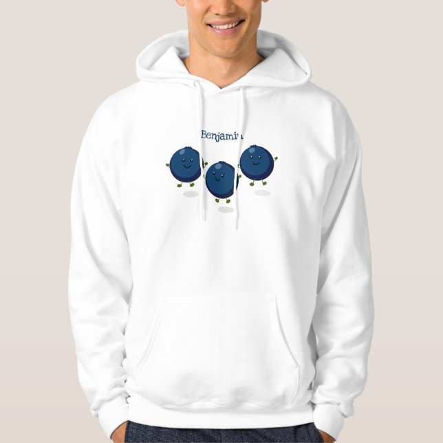 Cute happy blueberries purple cartoon illustration hoodie (Front)