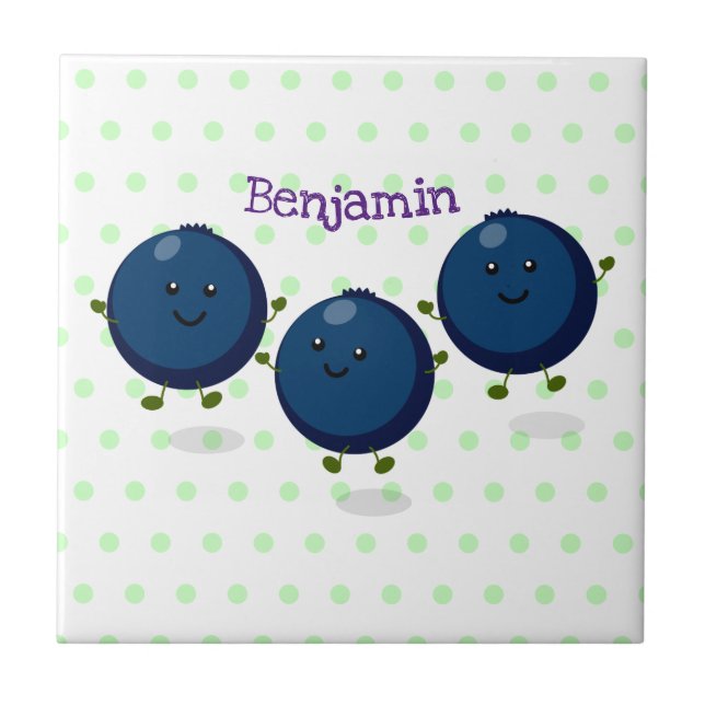 Cute happy blueberries purple cartoon illustration tile (Front)