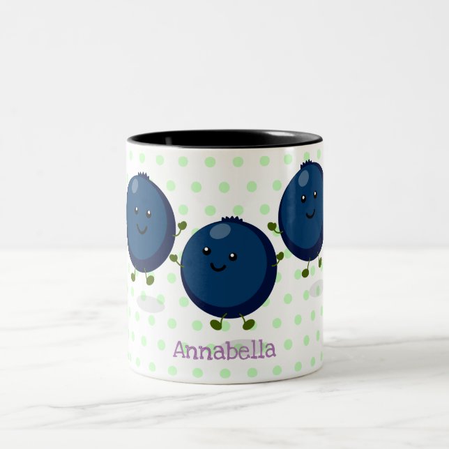 Cute happy blueberries purple cartoon illustration Two-Tone coffee mug (Center)