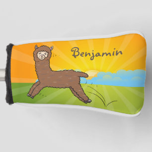 Cute happy brown alpaca cartoon golf head cover