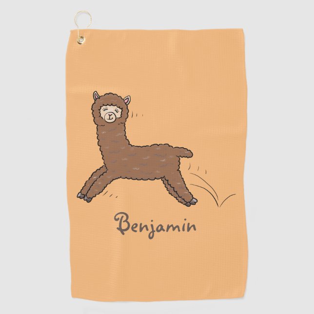 Cute happy brown alpaca cartoon golf towel (Front)