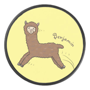 Cute happy brown alpaca cartoon hockey puck