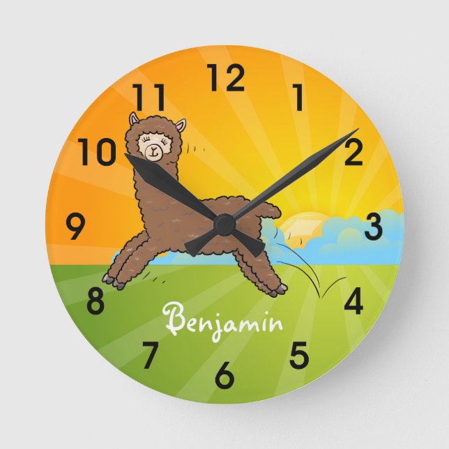 Cute happy brown alpaca cartoon round clock (Front)