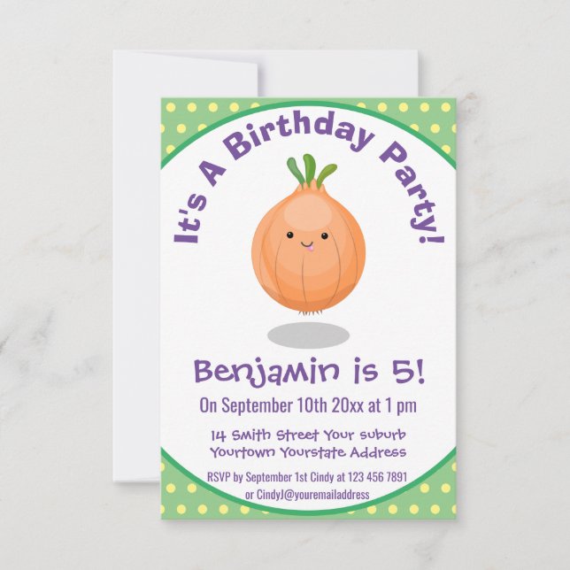 Cute happy brown onion cartoon illustration invitation (Front)