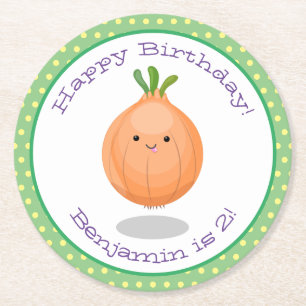 Cute happy brown onion cartoon illustration round paper coaster