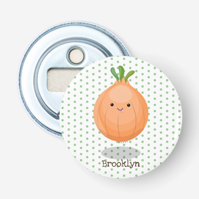 Cute happy brown onion green cartoon illustration bottle opener (Front)