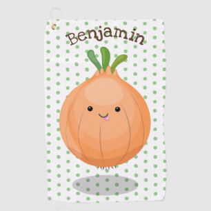 Cute happy brown onion green cartoon illustration  golf towel