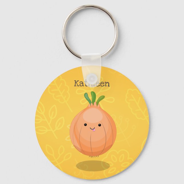 Cute happy brown onion green cartoon illustration keychain (Front)