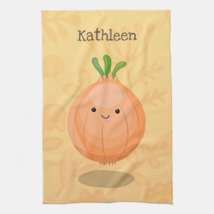 Cute happy brown onion green cartoon illustration kitchen towel
