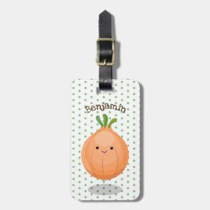 Cute happy brown onion green cartoon illustration luggage tag