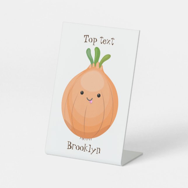 Cute happy brown onion green cartoon illustration pedestal sign (Front)