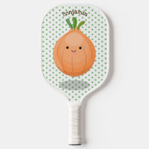 Cute happy brown onion green cartoon illustration pickleball paddle