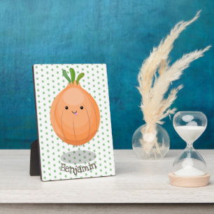 Cute happy brown onion green cartoon illustration plaque