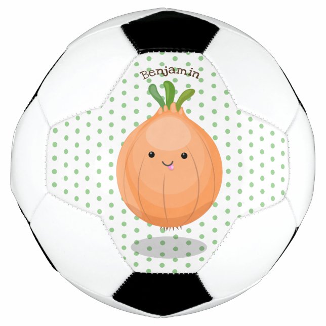 Cute happy brown onion green cartoon illustration soccer ball (Front)