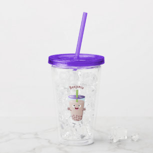 Cute happy bubble tea boba cartoon character acrylic tumbler