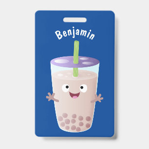 Cute happy bubble tea boba cartoon character badge