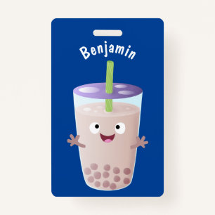 Cute happy bubble tea boba cartoon character badge