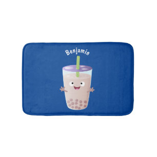 Cute happy bubble tea boba cartoon character bath mat