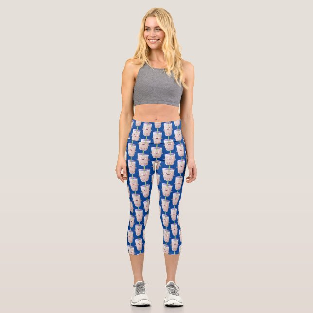 Cute happy bubble tea boba cartoon character  capri leggings (Front)