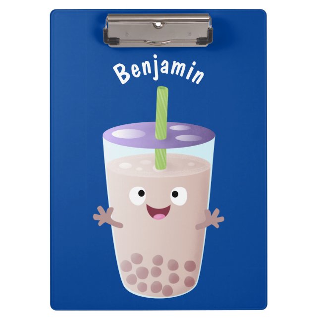 Cute happy bubble tea boba cartoon character clipboard (Front)