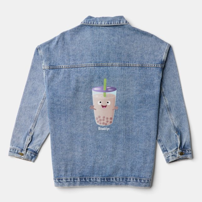 Cute happy bubble tea boba cartoon character  denim jacket (Back)